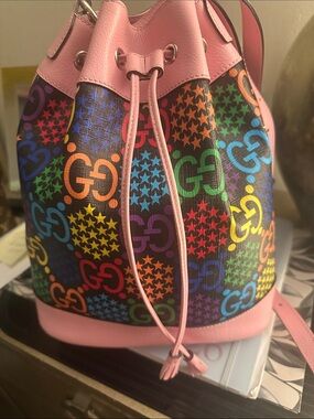 Gucci Psychedelic Pink Multicolor Logo Drawstring Bucket Shoulder Bag